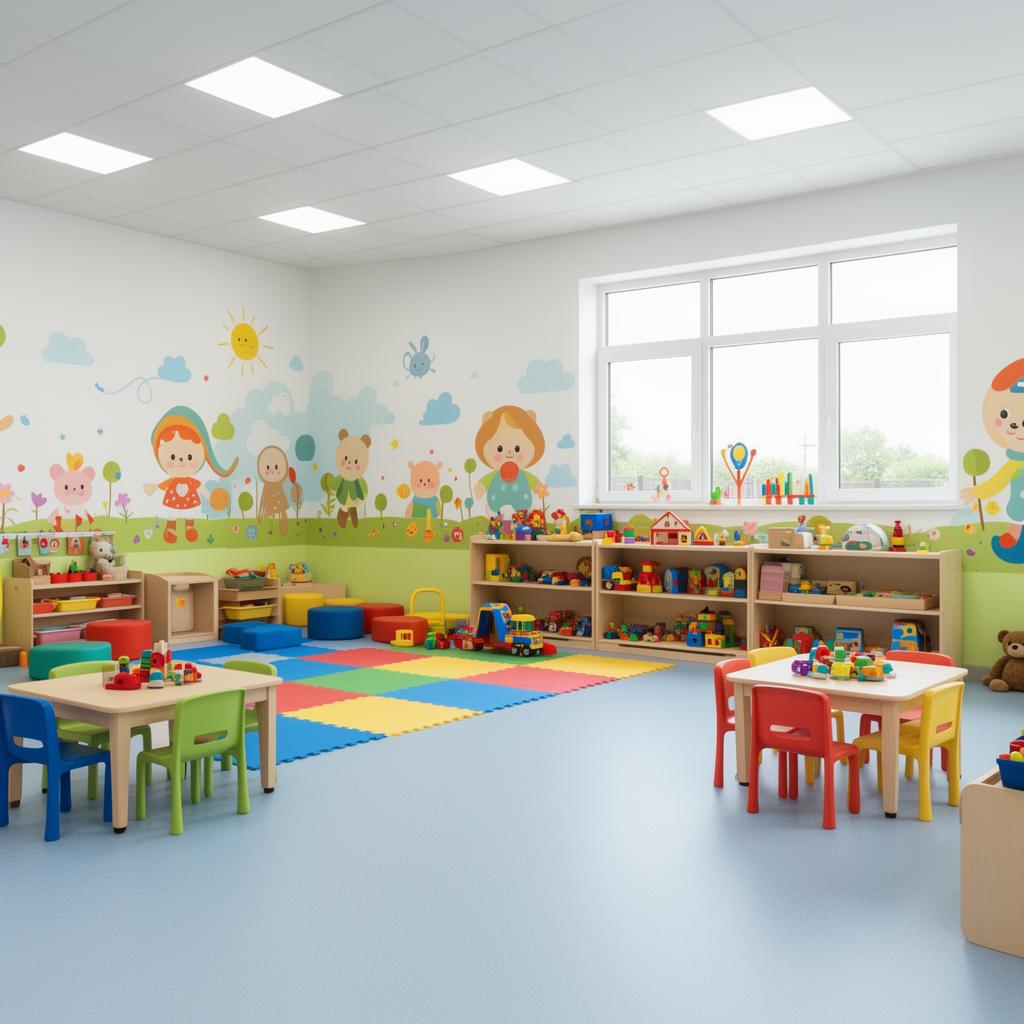 Clean, bright daycare center interior sanitized for children